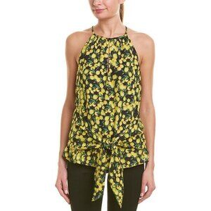 Parker Lemon Print Yellow Top Halter Neck Front Tie Chiffon Blouse Sz S NWT